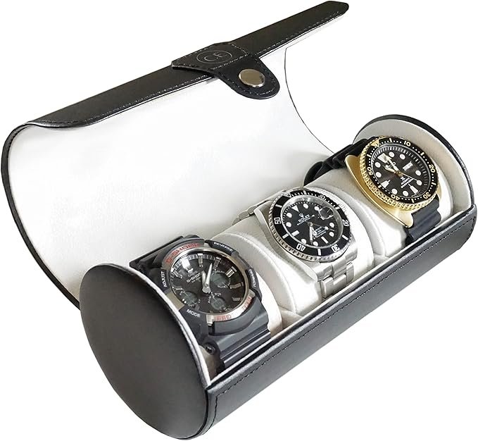 CASE ELEGANCE Classic Black Vegan Faux Leather Watch Roll Organizer