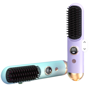 Portable USB/Battery-Powered 2-in-1 Nylon Electric Hair Brush Straightener Negative Ions Digital